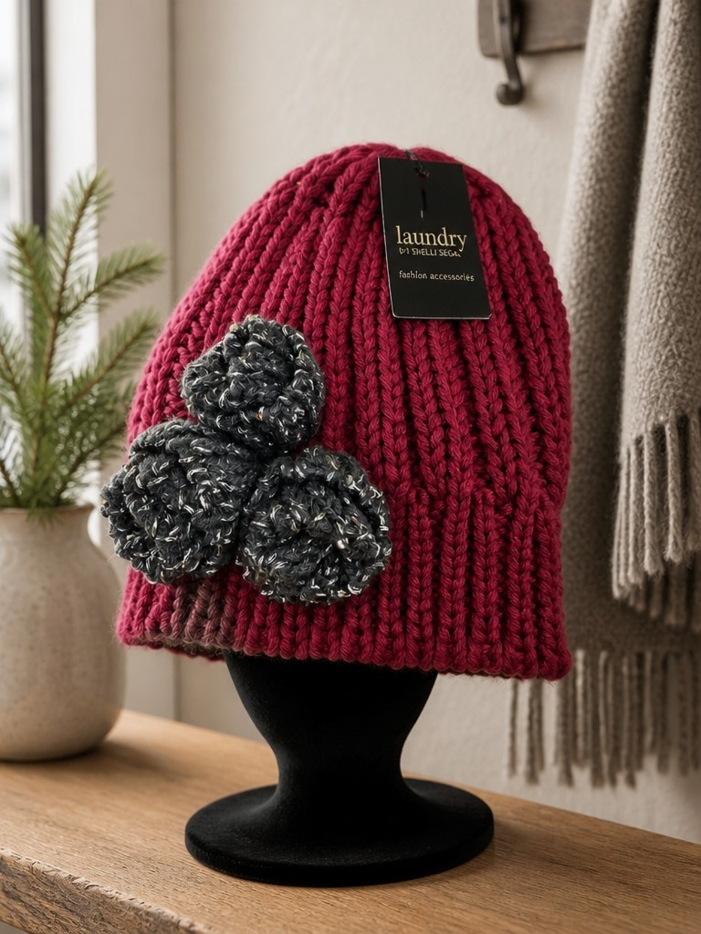 Laundry By Shelli Segal Berry Rib Knit Beanie with Charcoal Pom Accents